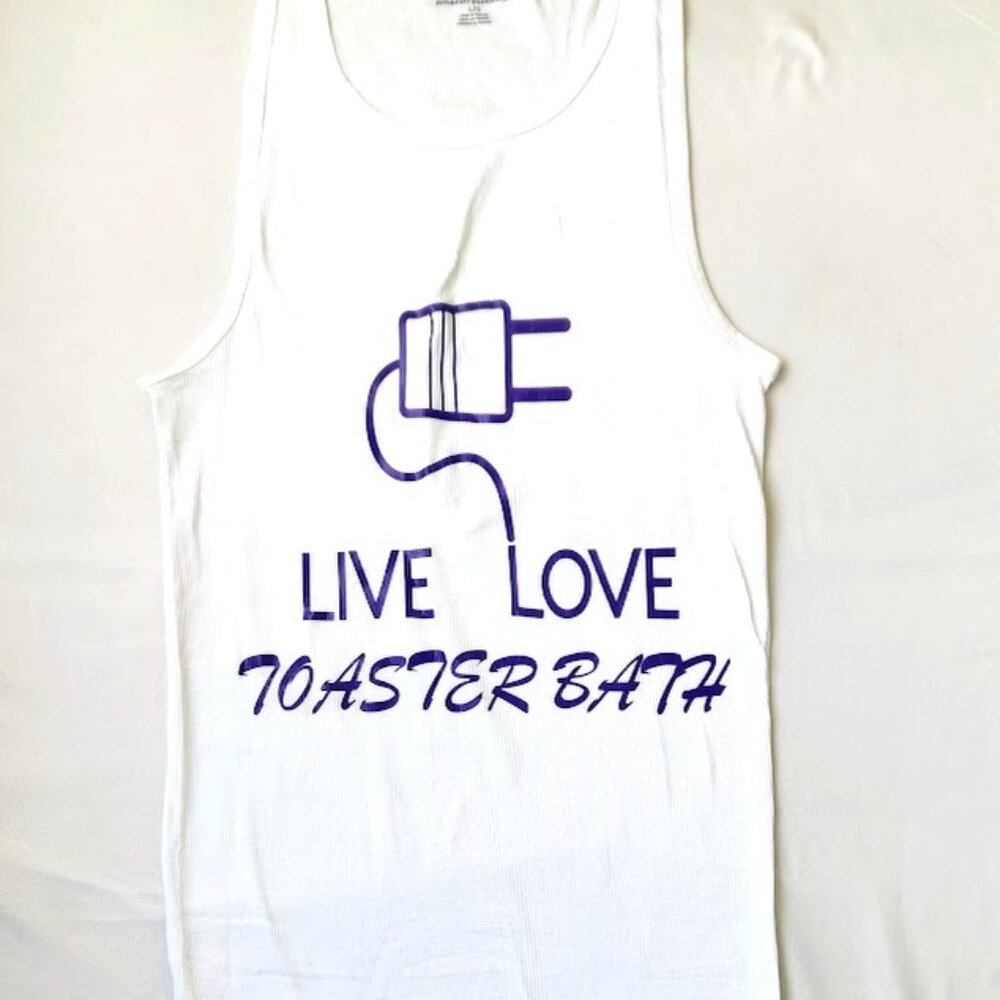 New, Lg, White Long Tank Top, " Live Love Toaster Bath" Vinyl Decal, Stretchy